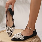 preiswerte Lässig-Hochzeitsschuhe für Braut, Brautjungfer, Damen, geschlossene Zehenpartie, spitze Zehenpartie, Aprikosenschwarze PU-Flats mit Imitationsperlenkristall, flacher Absatz, Hochzeit, Party, Valentinstag, eleganter Klassiker