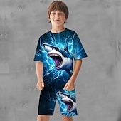 ieftine Animale 3D pentru băieți-Băieți 3D Grafic Animal Rechin Tricou și Pantaloni scurți Set tricouri Set de îmbrăcăminte Manșon scurt Imprimeuri 3D Vară Primăvară Activ Sport Modă Poliester Copii 3-13 ani În aer liber Strad