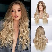 baratos Perucas Sintéticas sem Touca-perucas de filme barbiecore longas perucas loiras com franja para mulheres peruca de cabelo sintético ondulado com raízes escuras
