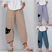 tanie Spodnie z bawełny i lnu w stylu graficznym-Damskie Spodnie lniane bawełniane Typu Chino Szorty Capri Moda miejska Prosty Codzienny Do kostek Średni Talia Kot Workowaty Nadruk Oddychający Miękka Na zewnątrz Średnio elastyczny Na zewnątrz Urlop