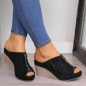 billiga Avslappnade sandaler-damsandaler med kil i jeans – design med öppen tå med sliten fåll och fickdetalj, lediga slip-on mulor för vardagsbruk
