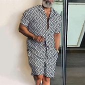 abordables Ensembles de chemises imprimées pour hommes-Homme Géométrie Ethnique 2 pièces Ensembles de chemises Chemise hawaïenne Manche Courte Pantalon court Col cubain Mode Streetwear Designer Extérieur Rue Quotidien Imprimé Été Printemps Noir Jaune Bleu