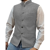 preiswerte Men&#039;s Vest-Herren Weste Nehru-Jacke Urlaub Alltagskleidung Ausgehen Mode Basic Frühling &amp; Herbst Knöpfe Polyester Bequem Einfach Einreihig Stehkragen Normale Passform Silber Wein Schwarz Blau Weste