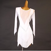 preiswerte Kleidung für lateinamerikanische Tänze-Tanz-Salsa-Latin-Tanzkleid mit Fransen, Quasten, Kristallen/Strasssteinen, Damen, Performance-Training, lange Ärmel, Chinlon