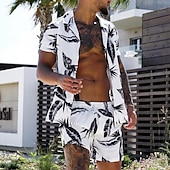 cheap Men&#039;s Printed Shirts Sets-Men&#039;s Coconut Tree Tropical Plants 2pcs Shirts Sets Summer Hawaiian Shirt Short Sleeve Short Pants Cuban Collar Tropical Fashion Hawaiian Street Casual Hawaiian Print Summer Spring Green / Black