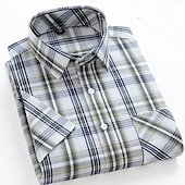 Men's Dress Shirt Stripes and Plaid Office & Career Office Party Light Blue Black Dark Red Yellow Short Sleeve Turndown Spring & Summer Clothing Apparel 19