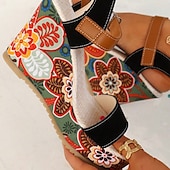 preiswerte Keilsandalen-Damen-Keilsandalen im Boho-Stil mit Blumenmuster – offenes Plateaudesign mit verstellbaren Riemen für lässige Sommeroutfits