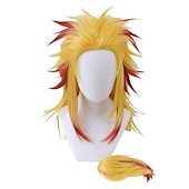 お買い得  アニメウィッグ-cosrea アニメ 煉獄杏寿郎 コスプレウィッグ ポニーテール付き 黄色 赤 女性 男性用 ハロウィンウィッグ