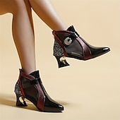 preiswerte Stiefeletten-Schwarze und rote Stiefeletten für Damen mit Mesh-Einsätzen und verziertem Absatz – elegantes modisches Schuhwerk für besondere Anlässe