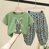 ieftine Seturi-2 Piese Copii Fete Geometric Costum de pantaloni A stabilit Manșon scurt Modă În aer liber Bumbac 3-7 ani Vară Negru Alb Galben