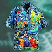billiga Fåglar &amp; Djur-Herr Djur Papegoja Palmblad Skjorta Hawaii skjorta Lägerskjorta Kortärmad Skjorta Nedvikt Mode Designer Ledigt Utomhus Gata Ledigt Sjöblå Havsblått Rubinrött 3D-tryck S M L