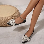 preiswerte Lässig-Hochzeitsschuhe für Braut, Brautjungfer, Damen, geschlossene Zehenpartie, spitze Zehenpartie, Aprikosenschwarze PU-Flats mit Imitationsperlenkristall, flacher Absatz, Hochzeit, Party, Valentinstag, eleganter Klassiker