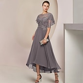 abordables Longueur de cheville-Robe de la mère de la mariée en A formelle invitée de mariage élégante décolleté en V longueur thé en chiffon dentelle manches courtes avec perles appliquées taille personnalisée gratuite