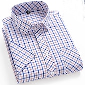 Men's Dress Shirt Stripes and Plaid Office & Career Office Party Light Blue Black Dark Red Yellow Short Sleeve Turndown Spring & Summer Clothing Apparel 23