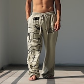 cheap Classic-Men&#039;s Graphic Prints Linen Pants Trousers Summer Pants Mid Waist Vintage Classic Style Casual Daily Holiday Drawstring Elastic Waist 3D Print Spring &amp; Summer 3D Print Blue Green Khaki