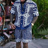 お買い得  メンズプリントシャツセット-男性用 ペーズリー トライバル グラフィック シャツセット シャツ シャツセット アロハシャツ 半袖 折襟 ファッション ストリートファッション デザイナー アウトドア ストリート カジュアル プリント 夏 春 ルビーレッド ブルー