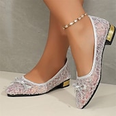 billige Flate sko til kvinner-Dame Flate sko Store størrelser Sparkly Sandaler Komfort Sko utendørs Daglig Helfarge Sommer Sløyfe Blonder Tykk hæl Spisstå Elegant Fritid PU Tøfler Sølv Gull