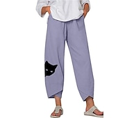 tanie Spodnie z bawełny i lnu w stylu graficznym-Damskie Spodnie lniane bawełniane Typu Chino Szorty Capri Moda miejska Prosty Codzienny Do kostek Średni Talia Kot Workowaty Nadruk Oddychający Miękka Na zewnątrz Średnio elastyczny Na zewnątrz Urlop