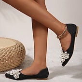 preiswerte Lässig-Hochzeitsschuhe für Braut, Brautjungfer, Damen, geschlossene Zehenpartie, spitze Zehenpartie, Aprikosenschwarze PU-Flats mit Imitationsperlenkristall, flacher Absatz, Hochzeit, Party, Valentinstag, eleganter Klassiker