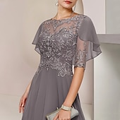 abordables Longueur de cheville-Robe de la mère de la mariée en A formelle invitée de mariage élégante décolleté en V longueur thé en chiffon dentelle manches courtes avec perles appliquées taille personnalisée gratuite