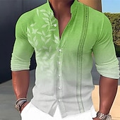 billiga Tropiska växter-Herr Färgblock Kokosnötsträd Löv Skjorta Hawaii skjorta Aloha skjorta Långärmad Skjorta Hög krage Mode Streetwear Designer Utomhus Gata Ledigt Vit Gul Ljusgrön S M L