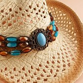 baratos Velho Oeste-Elegante chapéu de palha de vaqueiro ocidental com decoração de corrente de jade falsa tecida à mão – perfeito para passeios de verão na praia!