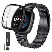abordables Correas de reloj Fitbit-Correa de Smartwatch Compatible con Fitbit Versa 4 Sense 2 Versa 3 Sense Versa 2 Acero Inoxidable Reloj inteligente Correa con caso con herramienta de eliminación Cierre Metálico Correa Deportiva