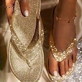 billiga Avslappnade sandaler-flip flop-sandaler för kvinnor i silver med strass utsmyckningar - glittrande sommarstrandkläder för fester och speciella tillfällen