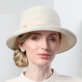 baratos Chapéu de Festa-chapéus fibra coco/cloche chapéu balde chapéu palha chapéu casual feriado clássico proteção solar com miçangas tule headpiece headwear