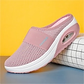 abordables Zuecos y sandalias de mujer-Mules sin cordones de malla transpirable de color rosa para mujer con suela con colchón de aire para comodidad informal, para caminar y todos los días