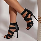 abordables Sandalias de tacón-Tacones de aguja con tiras negras para mujer: punta abierta, cremallera trasera, diseño elegante para fiestas, bodas y eventos formales