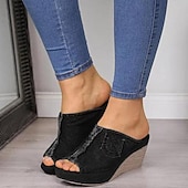 billiga Avslappnade sandaler-damsandaler med kil i jeans – design med öppen tå med sliten fåll och fickdetalj, lediga slip-on mulor för vardagsbruk