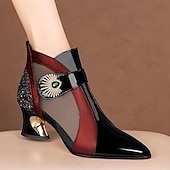 preiswerte Stiefeletten-Schwarze und rote Stiefeletten für Damen mit Mesh-Einsätzen und verziertem Absatz – elegantes modisches Schuhwerk für besondere Anlässe