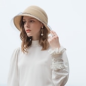 economico Cappelli per feste-cappelli cappello a secchiello in fibra cappello di paglia cappello da sole spiaggia casual elegante protezione solare con copricapo in tulle copricapo