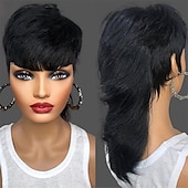 economico Parrucche di capelli veri senza cuffia-parrucca mullet parrucche taglio pixie capelli umani per le donne shaggy a strati anni &#039;70 &#039;80 &#039;90 parrucche mullet con frangia per donne nere taglio al lupo nero naturale parrucche brasiliane