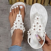 cheap Vacation Sandals-Women&#039;s Floral Embellished T-Strap Sandals with Cushioned Sole – Perfect for Casual Summer Outings