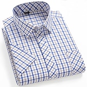 Men's Dress Shirt Stripes and Plaid Office & Career Office Party Light Blue Black Dark Red Yellow Short Sleeve Turndown Spring & Summer Clothing Apparel 25