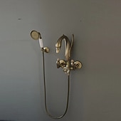 halpa Ulkotilojen suihkutarvikkeet-vintage messinginen suihkuhanasetti käsisuihkulla, perinteinen kylpyammeen juoksuputki kaksikahvainen kylpyamme hana seinään kiinnitettävä