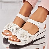 preiswerte Komfortsandalen-Rote Damen-Keilsandalen mit floralen Verzierungen und verstellbarem Fesselriemen für Sommer- und Freizeit-Outfits