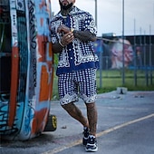 お買い得  メンズプリントシャツセット-男性用 ペーズリー トライバル グラフィック シャツセット シャツ シャツセット アロハシャツ 半袖 折襟 ファッション ストリートファッション デザイナー アウトドア ストリート カジュアル プリント 夏 春 ルビーレッド ブルー