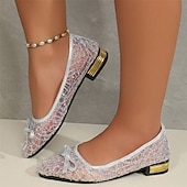 billige Flate sko til kvinner-Dame Flate sko Store størrelser Sparkly Sandaler Komfort Sko utendørs Daglig Helfarge Sommer Sløyfe Blonder Tykk hæl Spisstå Elegant Fritid PU Tøfler Sølv Gull