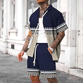 Men's Vintage Geometry Ethnic 2pcs Shirts Sets Summer Hawaiian Shirt Short Sleeve Short Pants Turndown Fashion Streetwear Designer Outdoor Street Daily Print Summer Spring Wine Navy Blue4