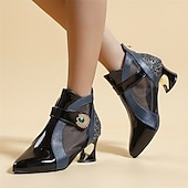 preiswerte Stiefeletten-Schwarze und rote Stiefeletten für Damen mit Mesh-Einsätzen und verziertem Absatz – elegantes modisches Schuhwerk für besondere Anlässe