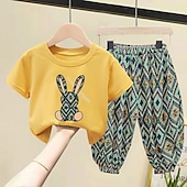 ieftine Seturi-2 Piese Copii Fete Geometric Costum de pantaloni A stabilit Manșon scurt Modă În aer liber Bumbac 3-7 ani Vară Negru Alb Galben
