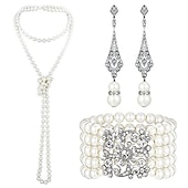 1920s Pearl Jewelry Set Including Vintage Flapper Earrings Multilayer Imitation Pearl Necklace Bracelet for Women Girls4