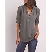 voordelige Dames eenvoudige tops-damesblouse overhemd rits basic effen dagelijks v-hals t-shirt mouw normaal zomer wit zwart roze grijs donkerblauw