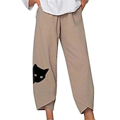 tanie Spodnie z bawełny i lnu w stylu graficznym-Damskie Spodnie lniane bawełniane Typu Chino Szorty Capri Moda miejska Prosty Codzienny Do kostek Średni Talia Kot Workowaty Nadruk Oddychający Miękka Na zewnątrz Średnio elastyczny Na zewnątrz Urlop