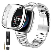 abordables Correas de reloj Fitbit-Correa de Smartwatch Compatible con Fitbit Versa 4 Sense 2 Versa 3 Sense Versa 2 Acero Inoxidable Reloj inteligente Correa con caso con herramienta de eliminación Cierre Metálico Correa Deportiva