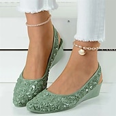 tanie Casual sandały-damskie sandały na koturnie w stylu vintage z kwiatowym wzorem – wygodne, wsuwane buty z trójwymiarowym wzorem róży na niezobowiązujące, letnie wyjścia