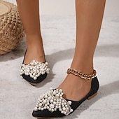 preiswerte Lässig-Hochzeitsschuhe für Braut, Brautjungfer, Damen, geschlossene Zehenpartie, spitze Zehenpartie, Aprikosenschwarze PU-Flats mit Imitationsperlenkristall, flacher Absatz, Hochzeit, Party, Valentinstag, eleganter Klassiker